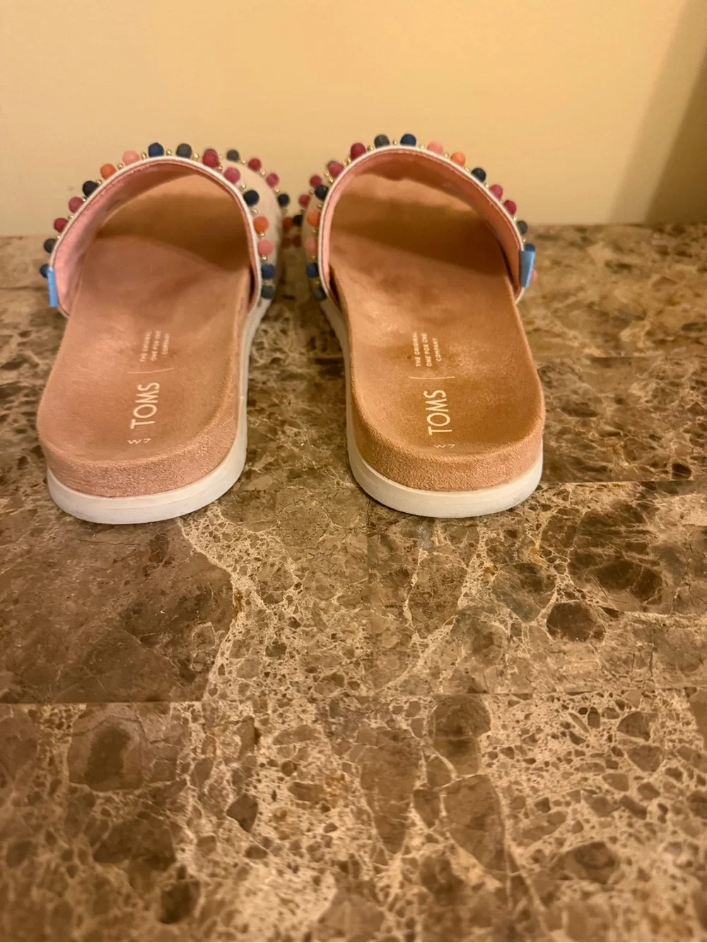 TOMS Cream Slide Sandals with Multicolor Bead Trim